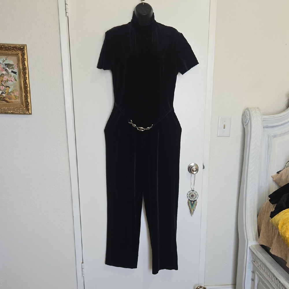 Vintage Black Velvet Jumpsuit with Chain Detail